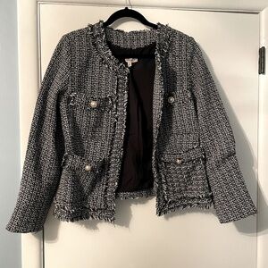 Black and white tweed blazer with gold buttons